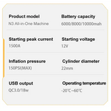 12V 10000mAh Multi-Function Car Jump Starter with Air Compressor & Wireless Power Bank